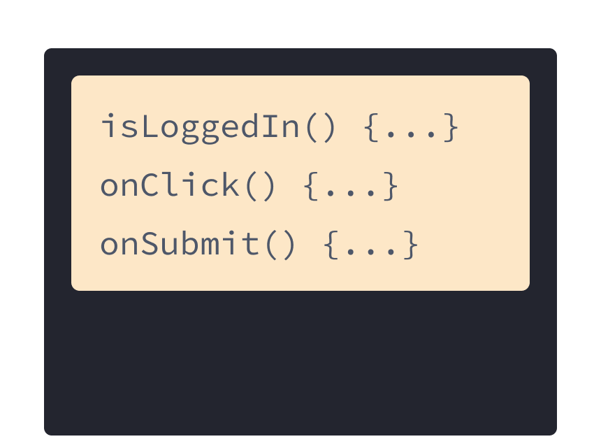 黄色の背景に 3 つの JavaScript のハンドラ。onSubmit, onLogin, onClick の 3 つ。